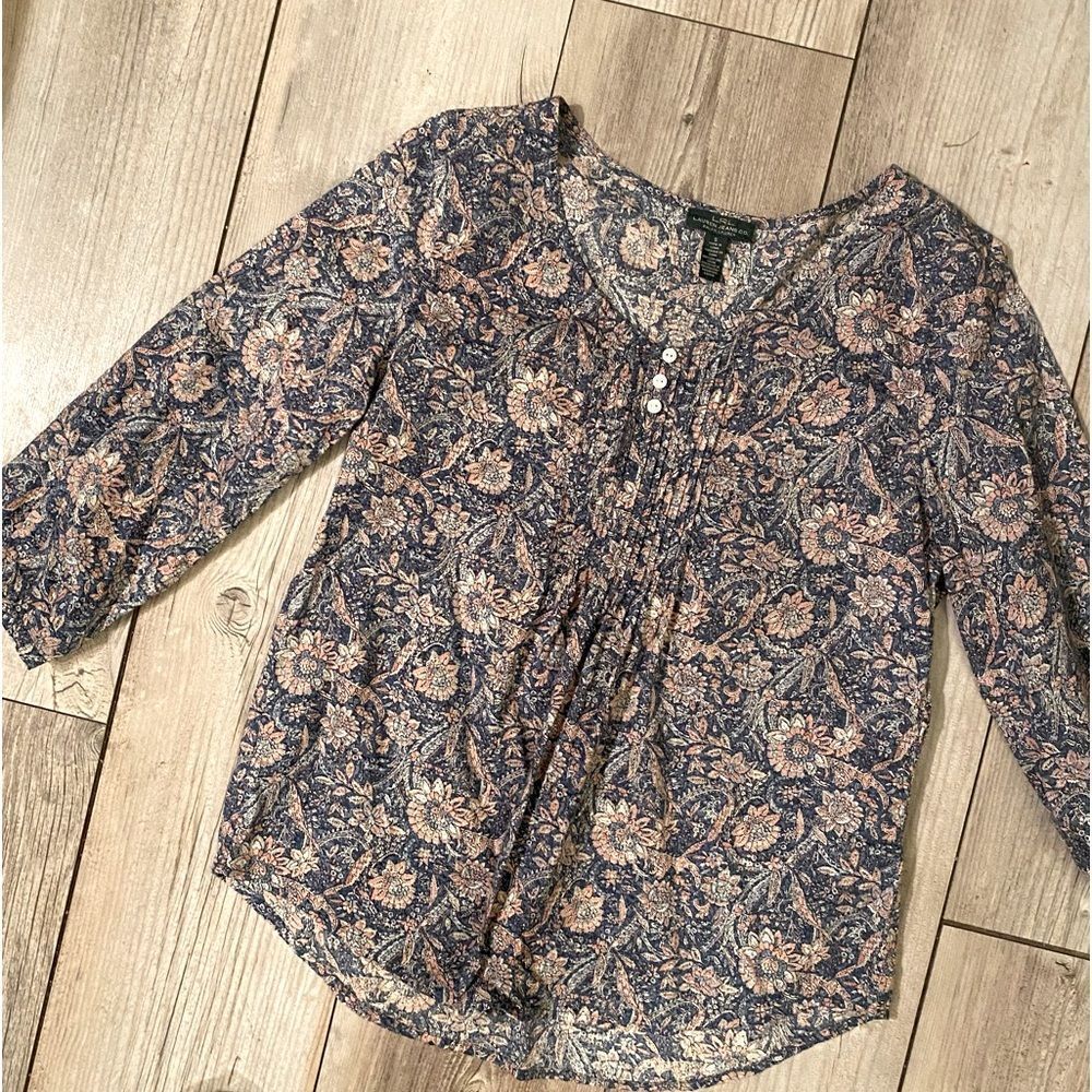 Lauren Ralph Lauren Womens Small Blouse Pleated Long Sleeve Blue Pink Floral